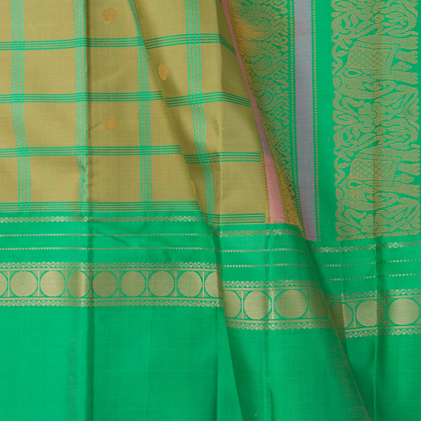 Beige And Sea Green Kanchipuram Silk Saree  For Festive Wear PV RM NZ 484