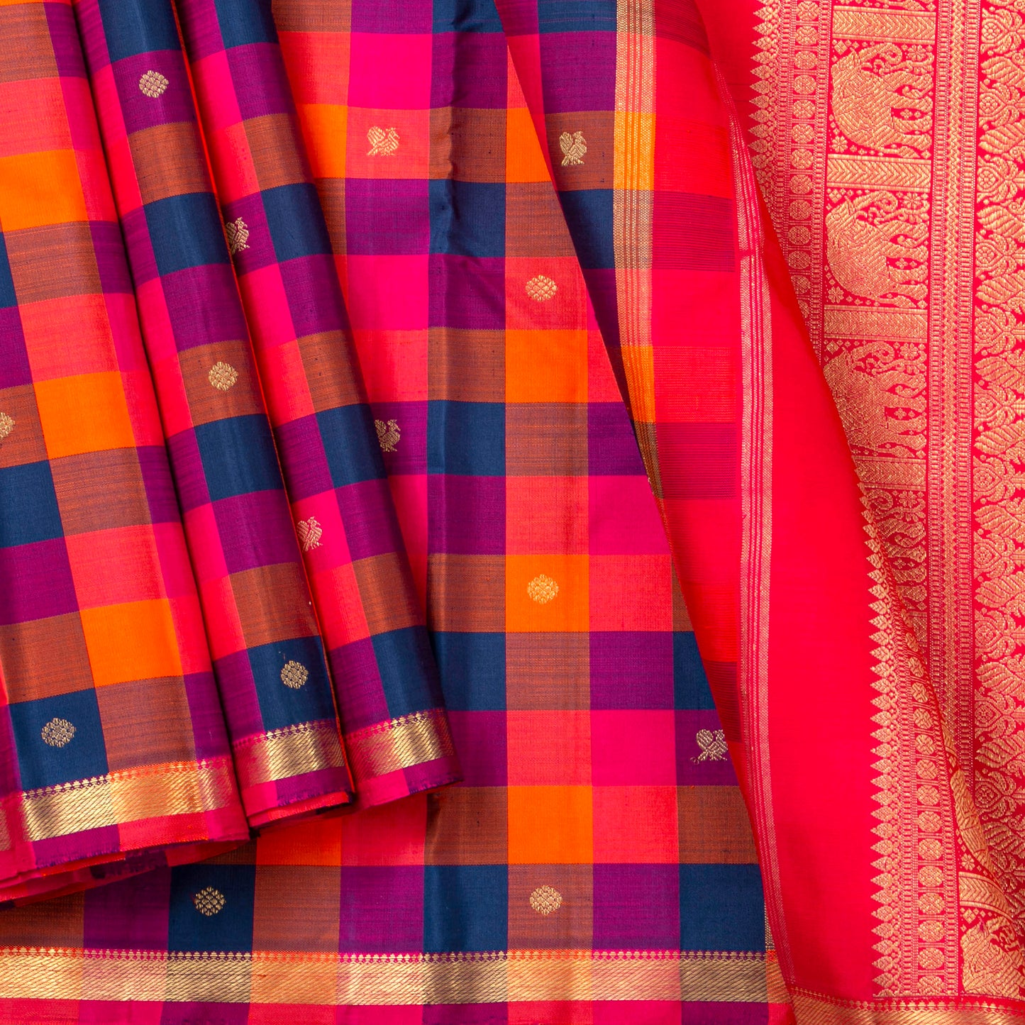 Multi Coloured Checks Kanchipuram Silk Saree For Festive Wear PV RM 493