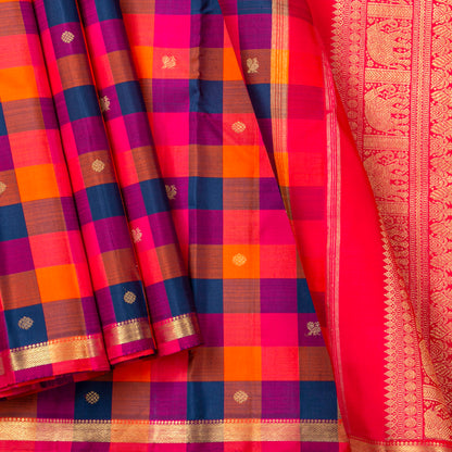 Multi Coloured Checks Kanchipuram Silk Saree For Festive Wear PV RM 493