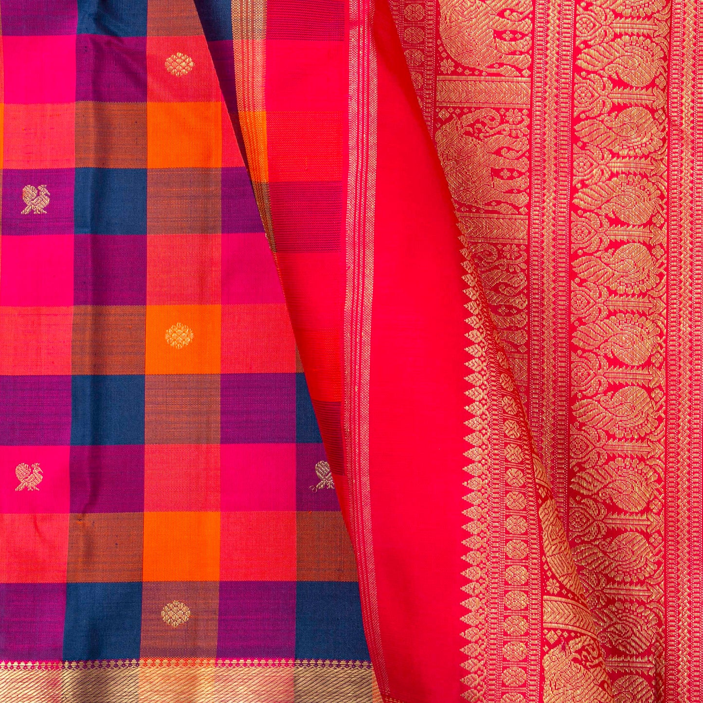 Multi Coloured Checks Kanchipuram Silk Saree For Festive Wear PV RM 493