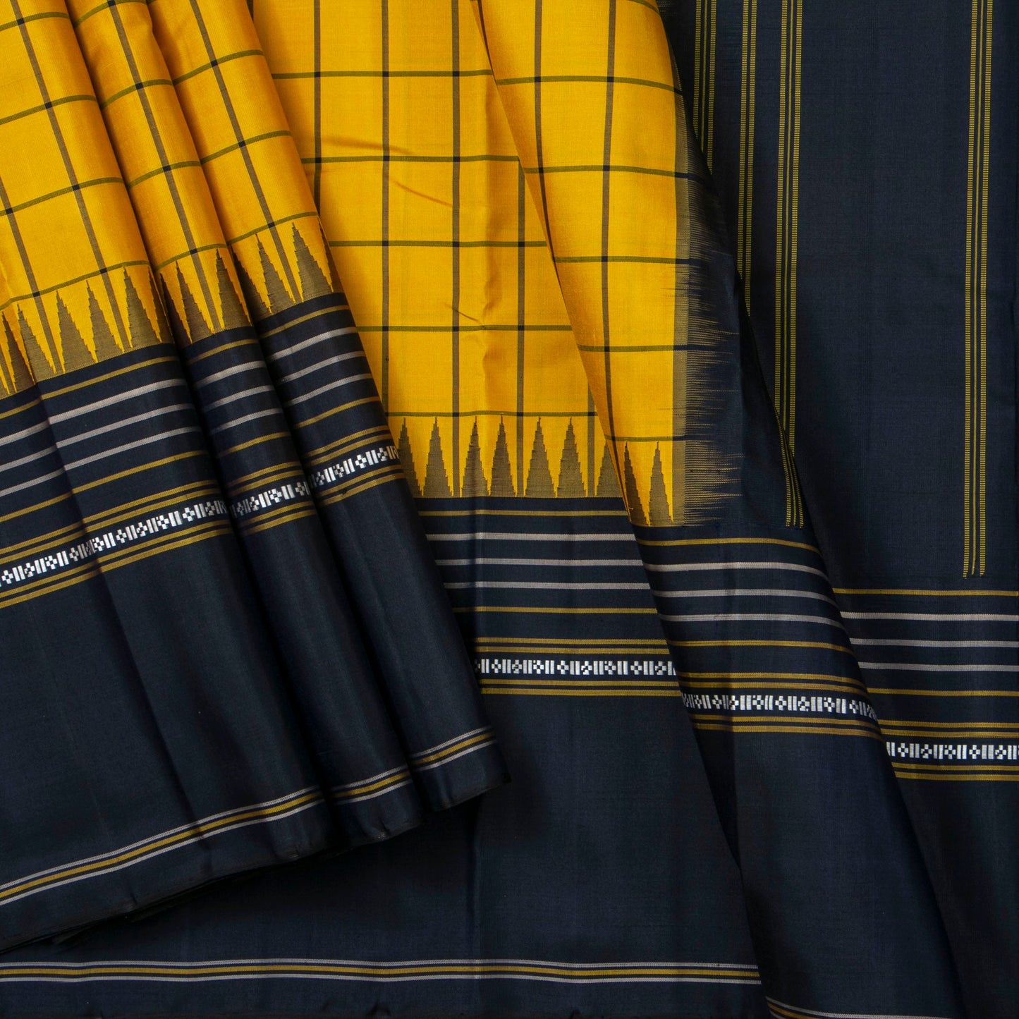 Yellow And Black Kanchipuram Silk Saree With No Zari For Office Wear PV RM NZ 475