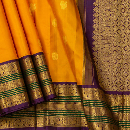 Yellow And Purple Kanchipuram Silk Saree For Festive Wear PV J 1780