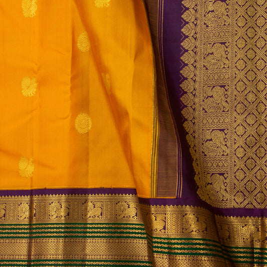Yellow And Purple Kanchipuram Silk Saree For Festive Wear PV J 1780