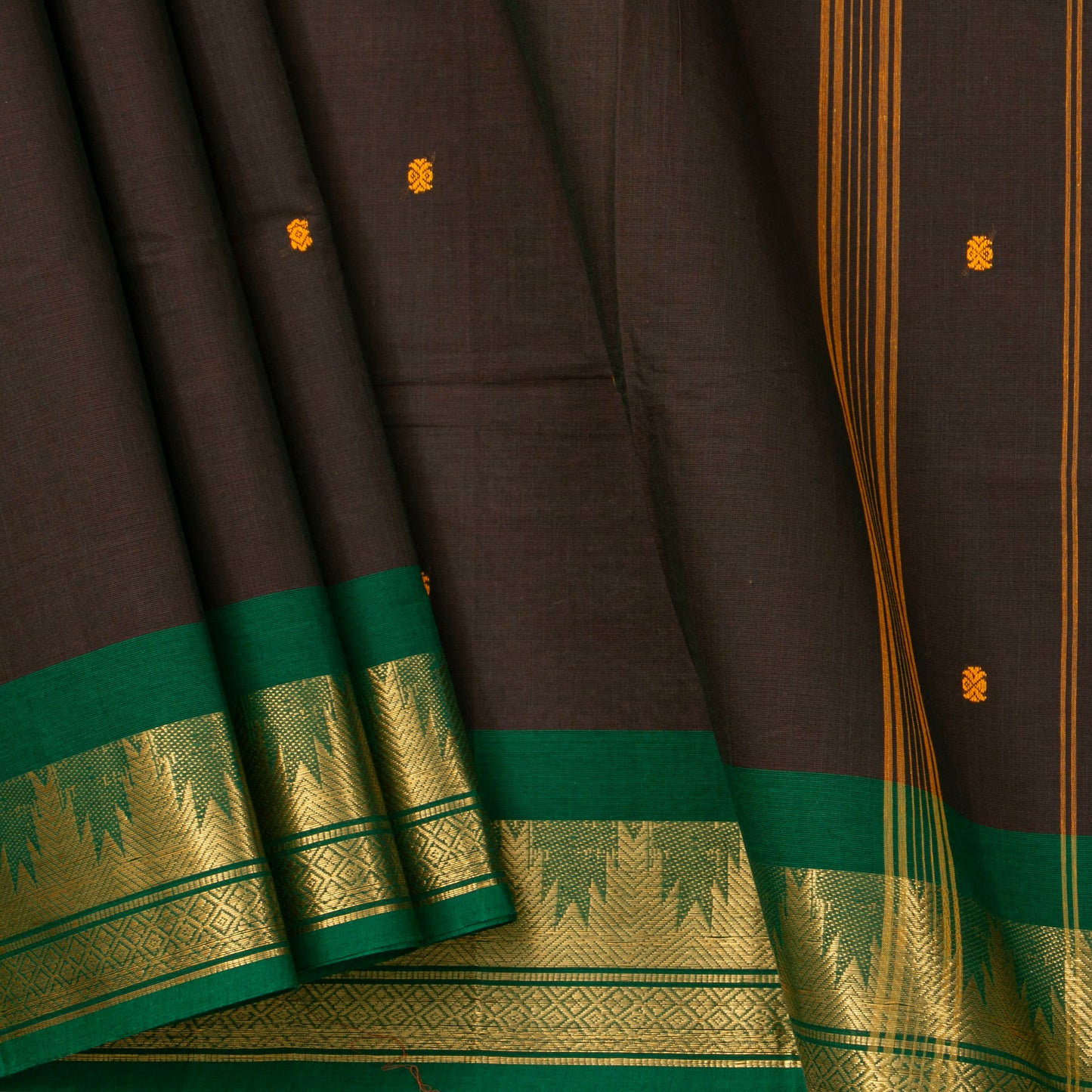 Brown And Green Kanchi Cotton Saree For Festive Wear PV MM KC 795 - Cotton Saree - Panjavarnam PV MM KC 795