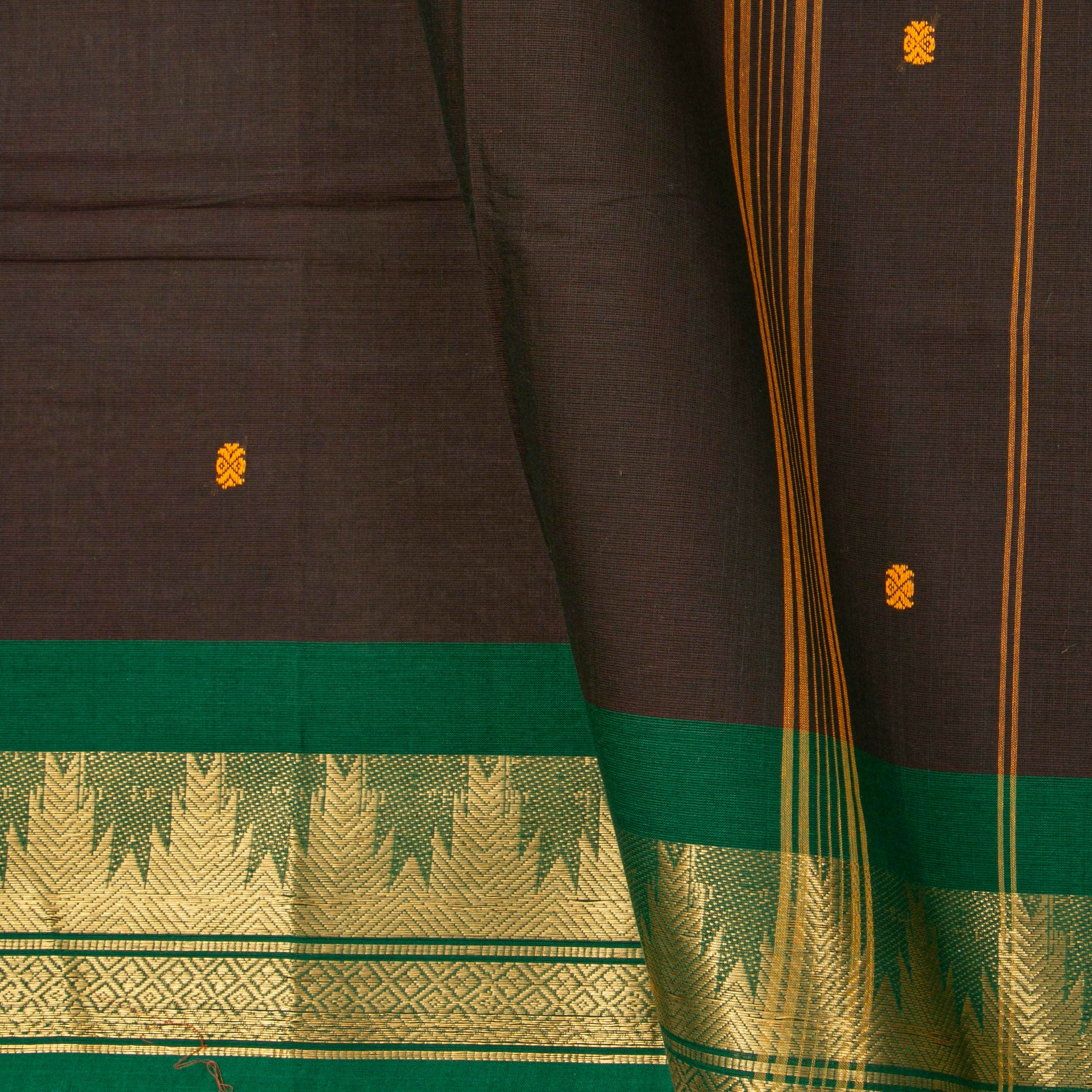 Brown And Green Kanchi Cotton Saree For Festive Wear PV MM KC 795 - Cotton Saree - Panjavarnam PV MM KC 795