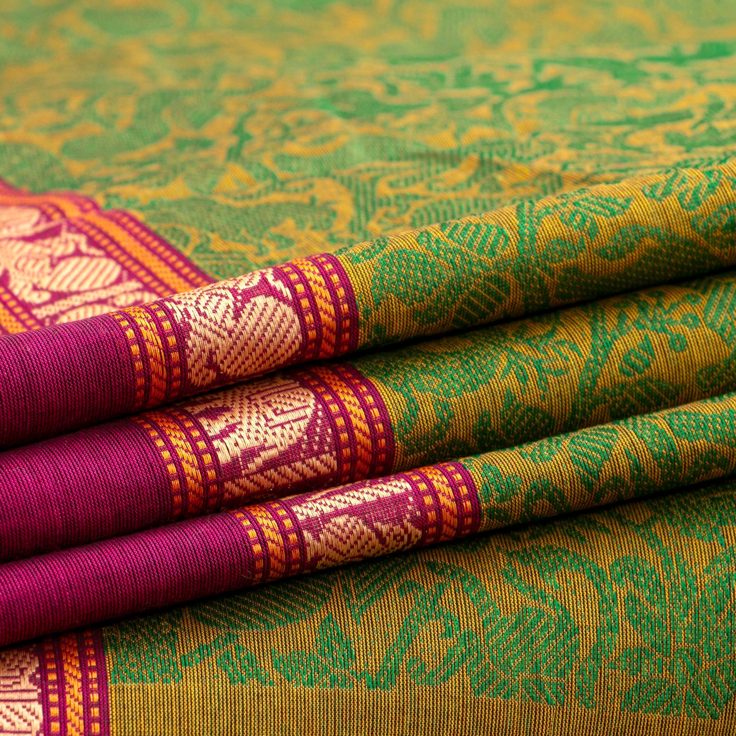 Green And Pink Kanchi Cotton Saree Vanasingaram For Festive Wear PV MM KC 960 - Cotton Saree - Panjavarnam PV MM KC 960