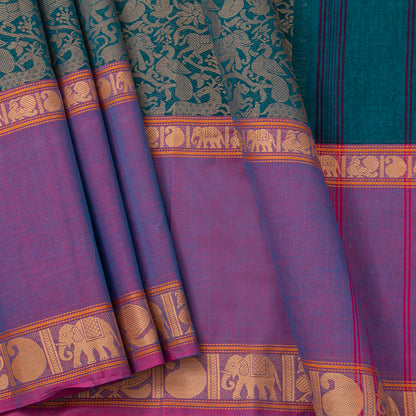 Teal And Lavender Kanchi Cotton Saree Vanasingaram For Festive Wear PV MM KC 961 - Cotton Saree - Panjavarnam PV MM KC 961