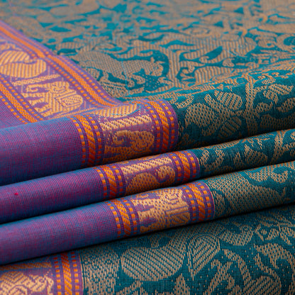 Teal And Lavender Kanchi Cotton Saree Vanasingaram For Festive Wear PV MM KC 961 - Cotton Saree - Panjavarnam PV MM KC 961