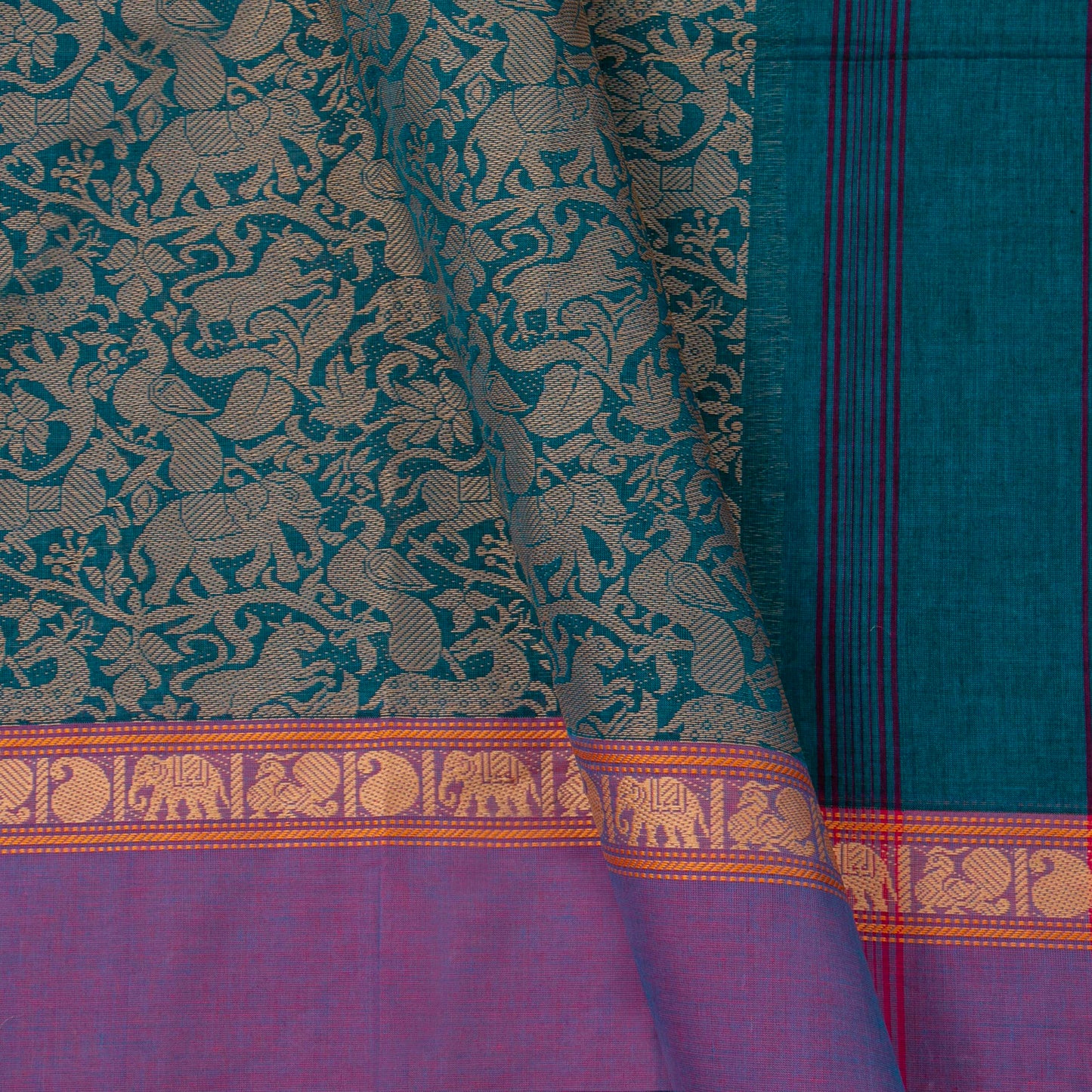 Teal And Lavender Kanchi Cotton Saree Vanasingaram For Festive Wear PV MM KC 961 - Cotton Saree - Panjavarnam PV MM KC 961