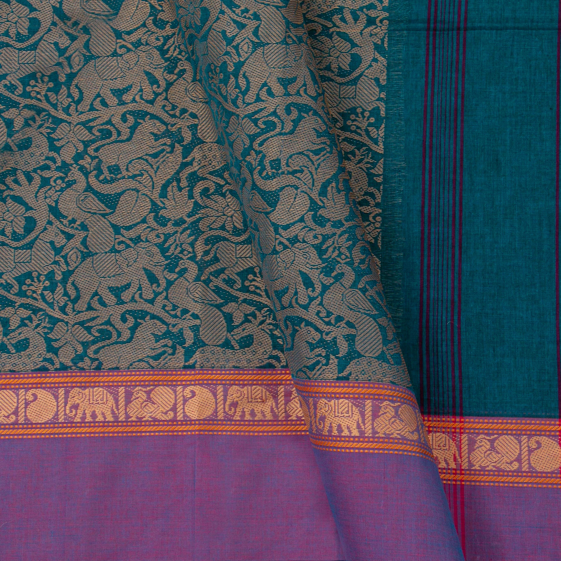 Teal And Lavender Kanchi Cotton Saree Vanasingaram For Festive Wear PV MM KC 961 - Cotton Saree - Panjavarnam PV MM KC 961