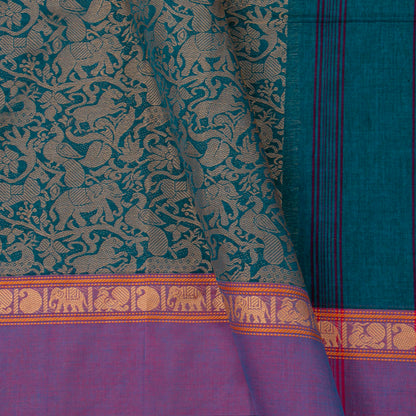 Teal And Lavender Kanchi Cotton Saree Vanasingaram For Festive Wear PV MM KC 961 - Cotton Saree - Panjavarnam PV MM KC 961