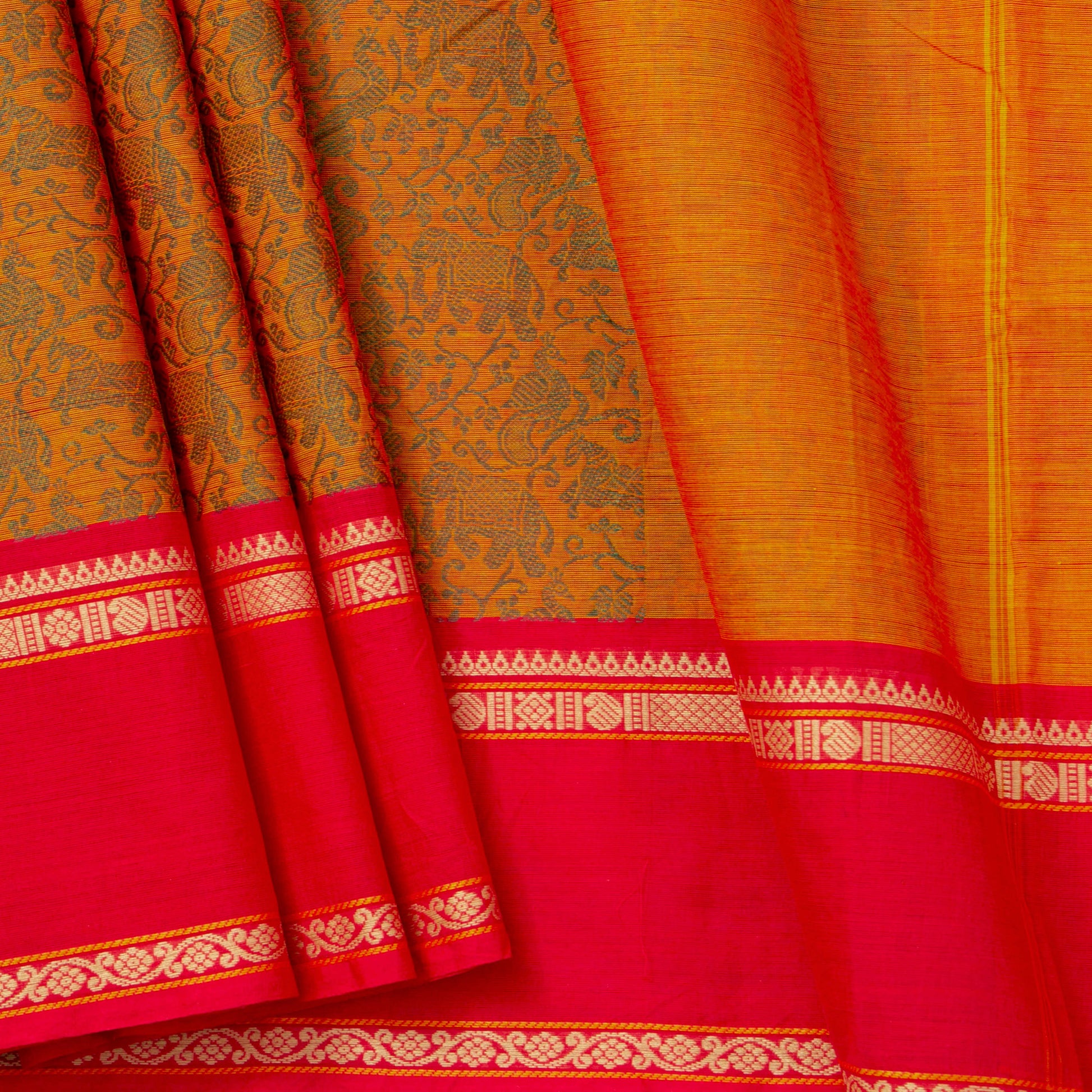 Orange And Red Kanchi Cotton Saree Vanasingaram For Festive Wear PV MM KC 957 - Cotton Saree - Panjavarnam PV MM KC 957