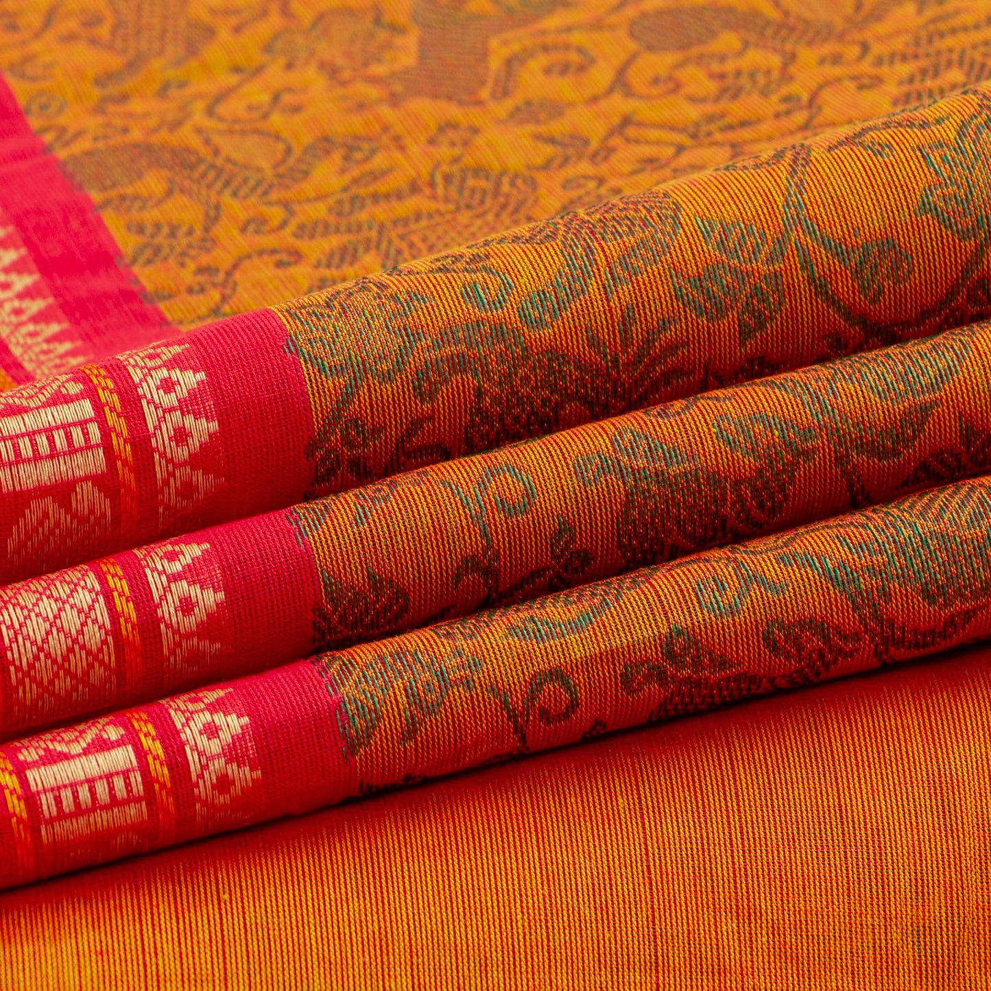 Orange And Red Kanchi Cotton Saree Vanasingaram For Festive Wear PV MM KC 957 - Cotton Saree - Panjavarnam PV MM KC 957