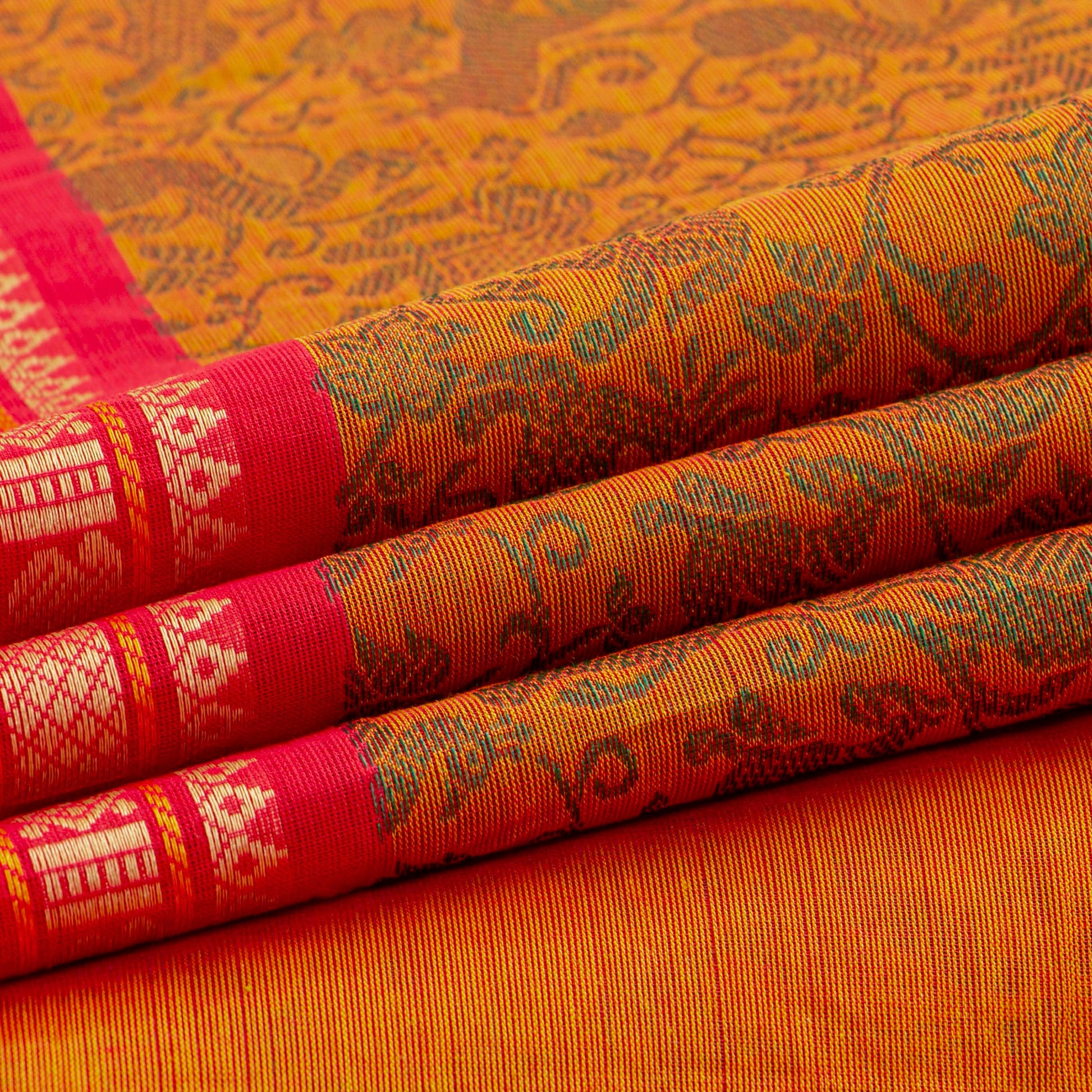 Orange And Red Kanchi Cotton Saree Vanasingaram For Festive Wear PV MM KC 957 - Cotton Saree - Panjavarnam PV MM KC 957