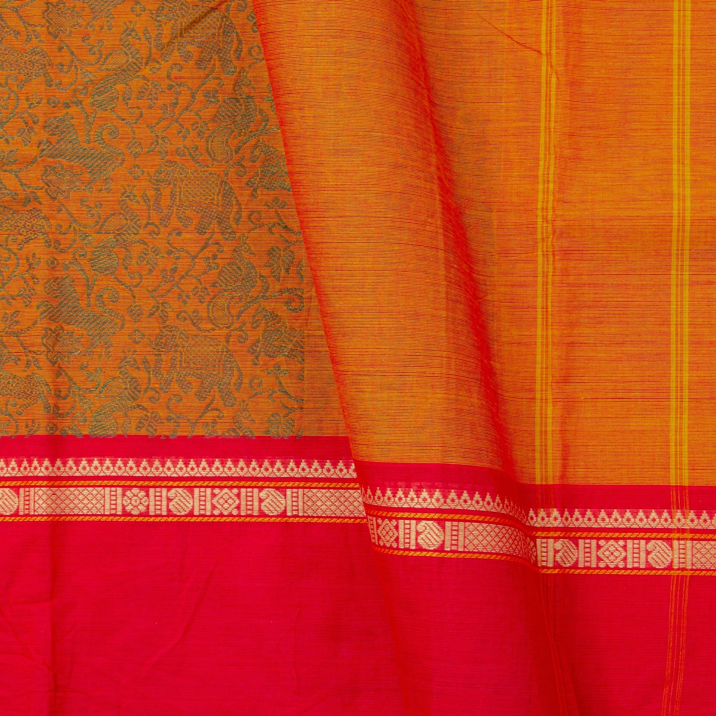 Orange And Red Kanchi Cotton Saree Vanasingaram For Festive Wear PV MM KC 957 - Cotton Saree - Panjavarnam PV MM KC 957
