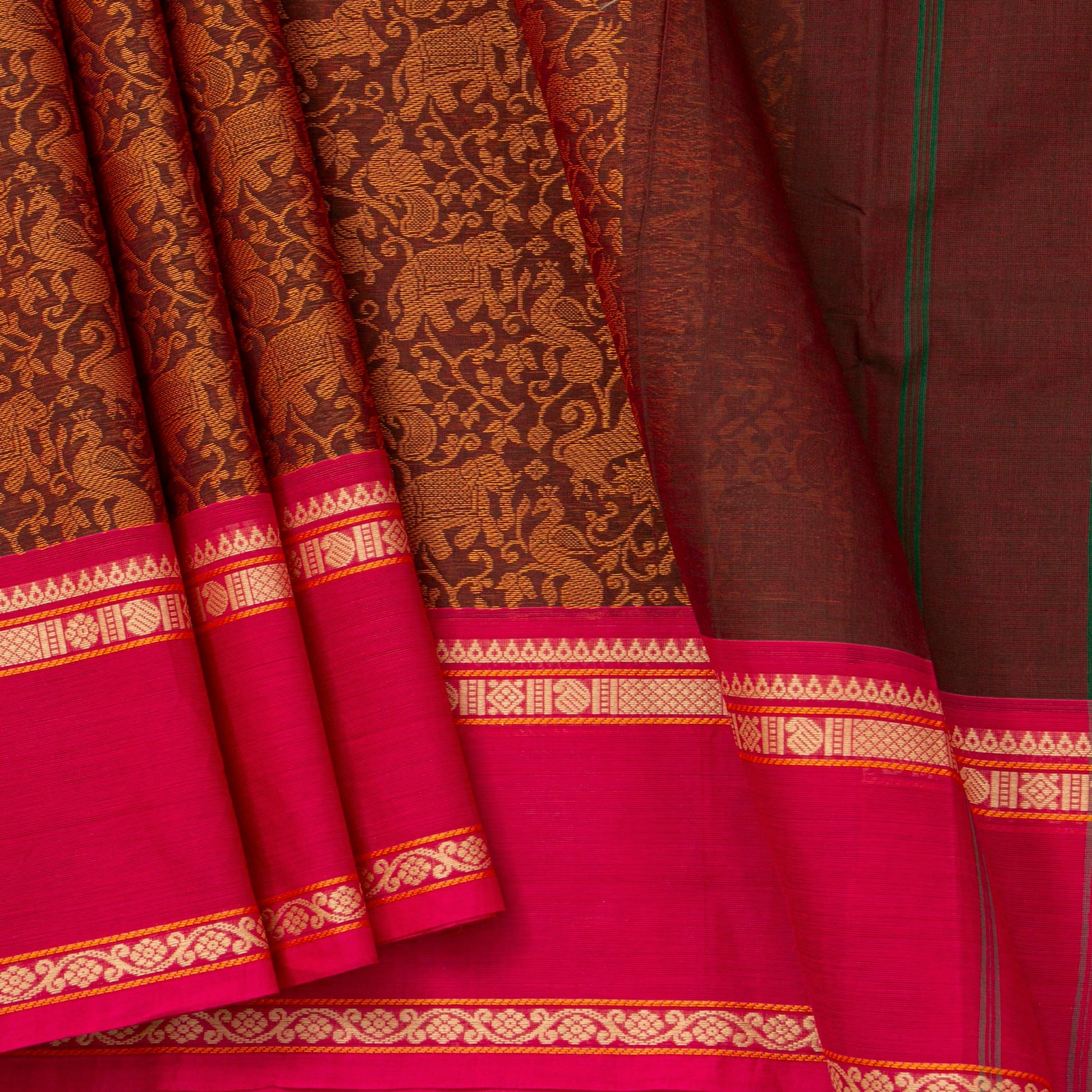 Brown And Pink Kanchi Cotton Saree Vanasingaram For Festive Wear PV MM KC 958 - Cotton Saree - Panjavarnam PV MM KC 958