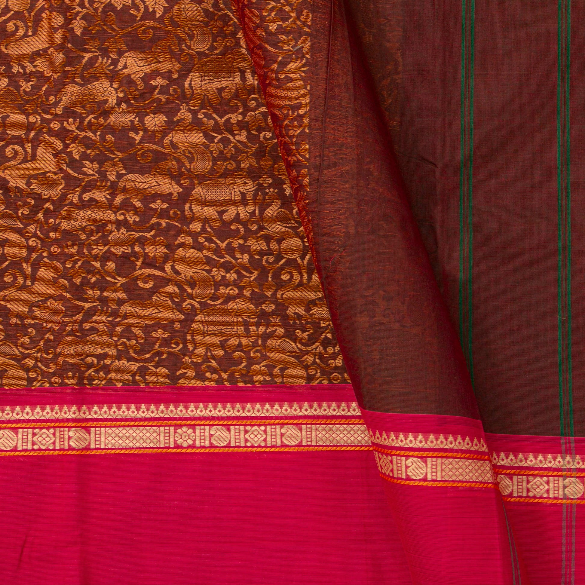 Brown And Pink Kanchi Cotton Saree Vanasingaram For Festive Wear PV MM KC 958 - Cotton Saree - Panjavarnam PV MM KC 958