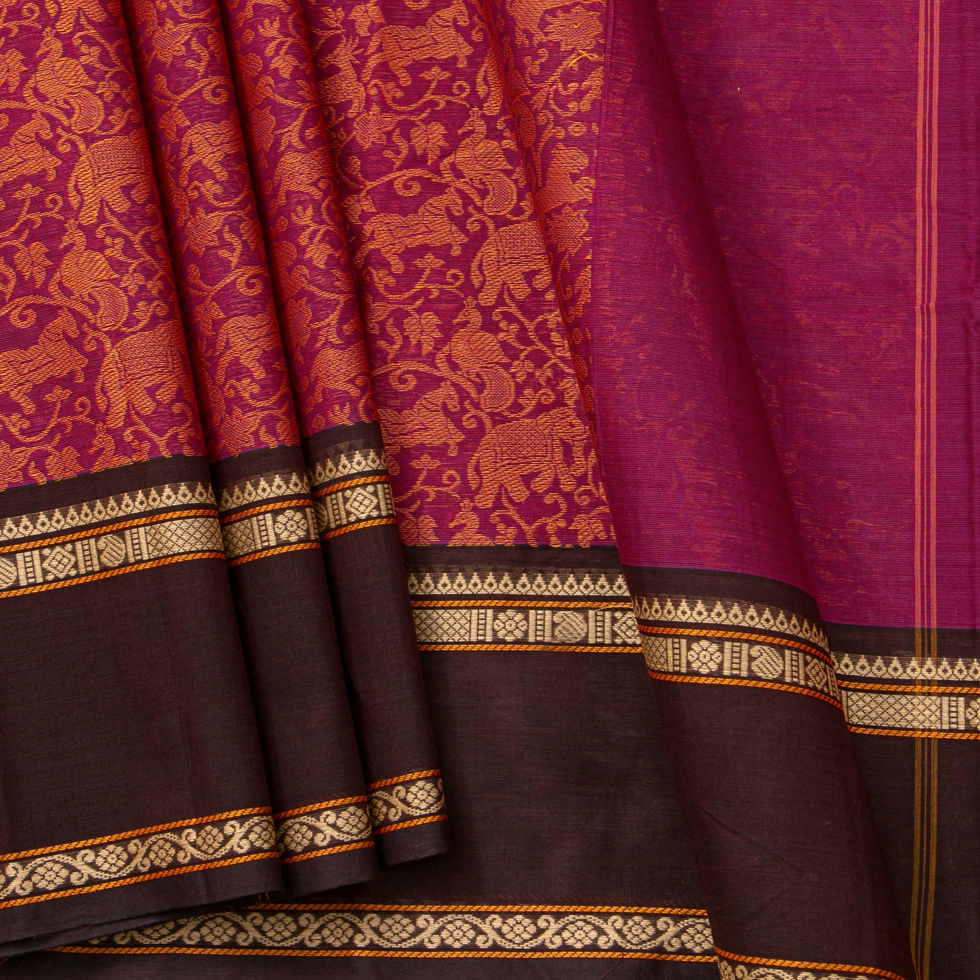 Pink And Brown Kanchi Cotton Saree Vanasingaram For Festive Wear PV MM KC 953 - Cotton Saree - Panjavarnam PV MM KC 953