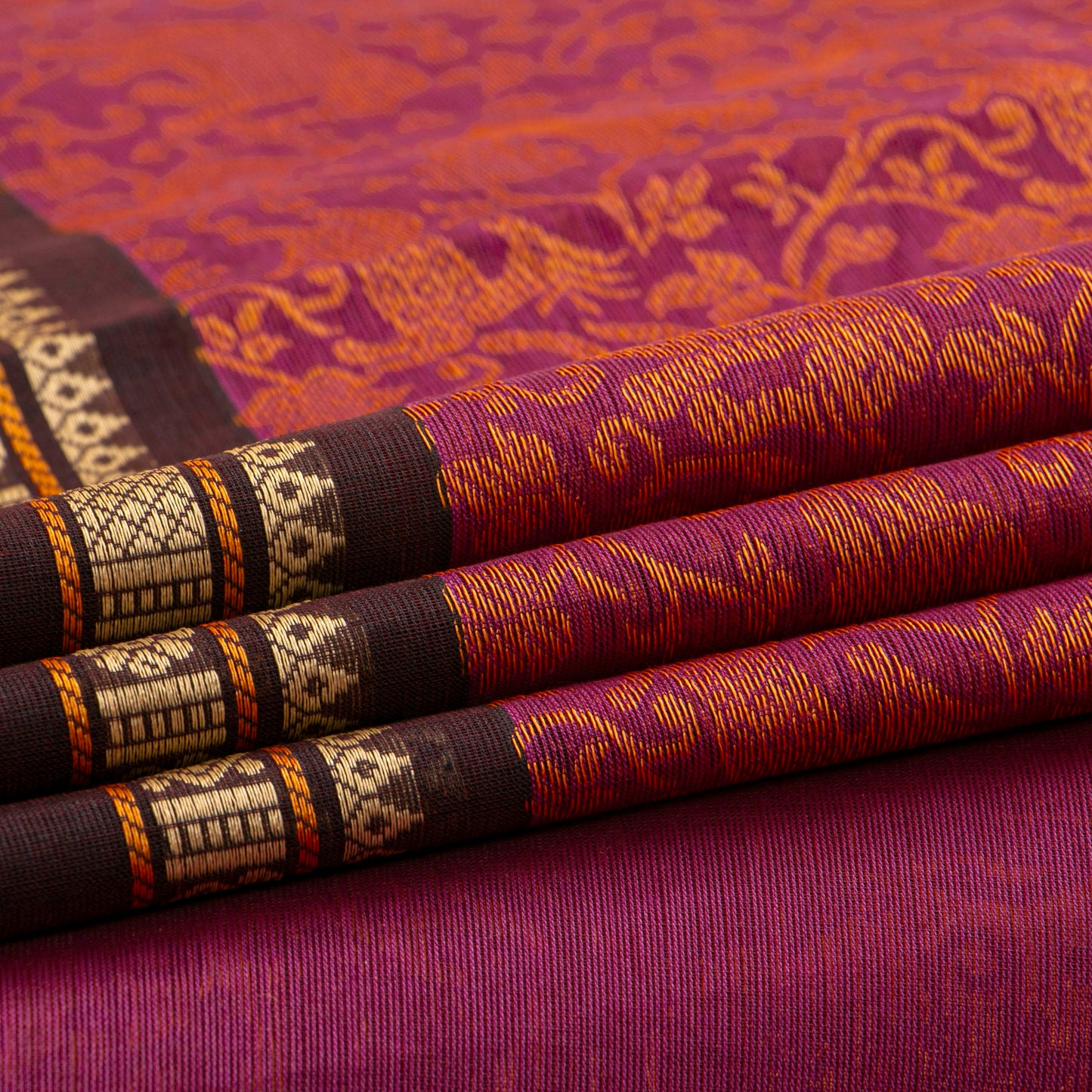 Pink And Brown Kanchi Cotton Saree Vanasingaram For Festive Wear PV MM KC 953 - Cotton Saree - Panjavarnam PV MM KC 953