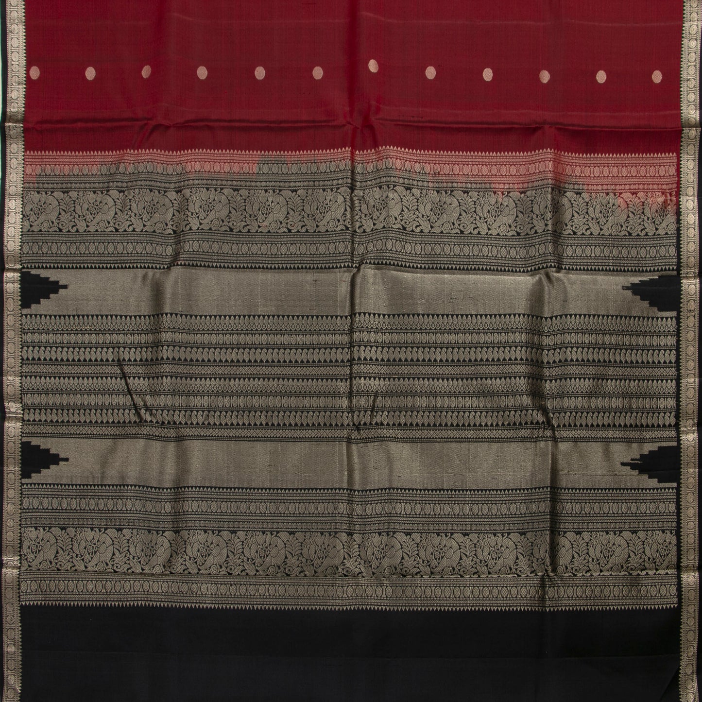 Maroon And Black Kanchipuram Silk Saree With Silver Zari For Party Wear PV RM 470