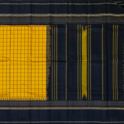 Yellow And Black Kanchipuram Silk Saree With No Zari For Office Wear PV RM NZ 475