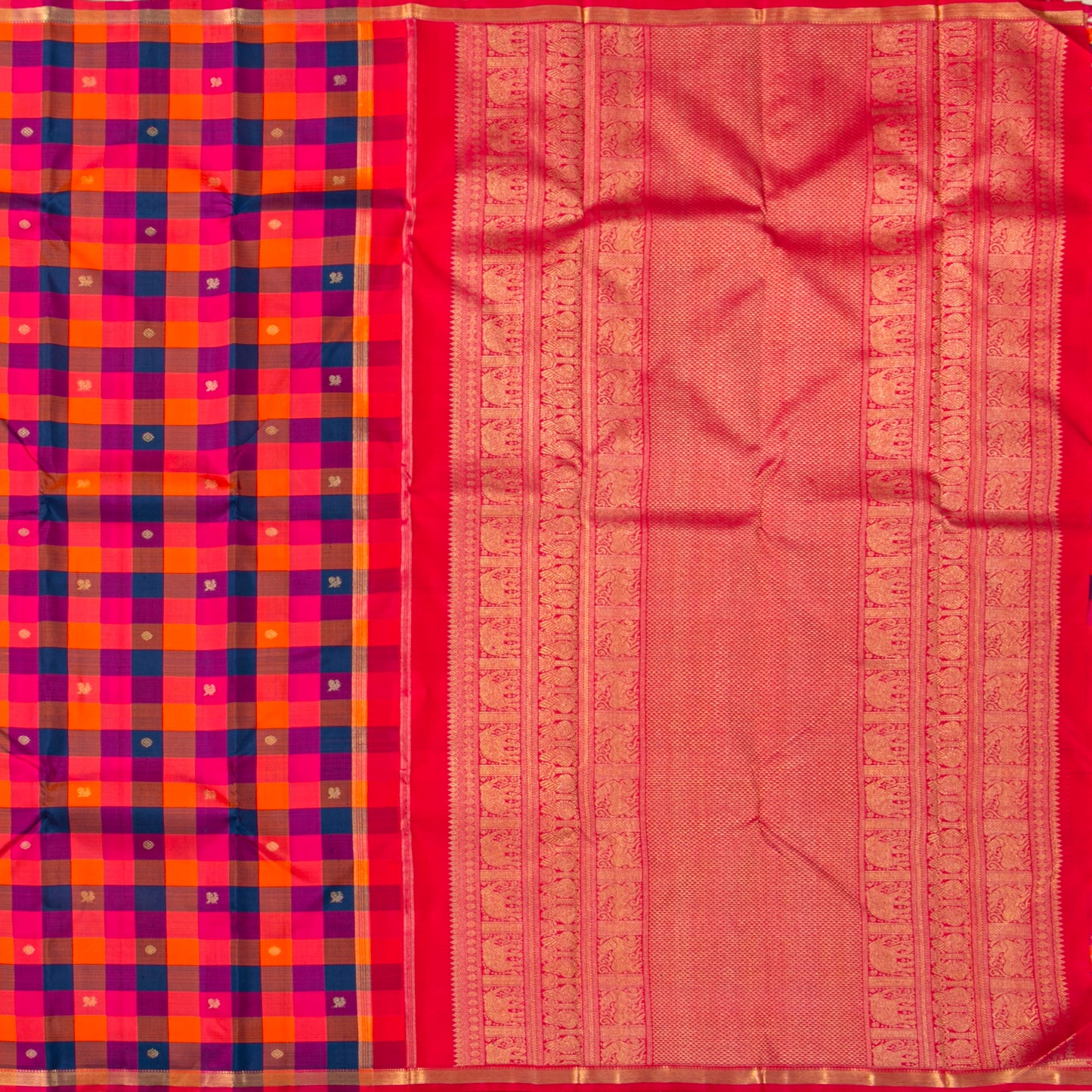 Multi Coloured Checks Kanchipuram Silk Saree For Festive Wear PV RM 493