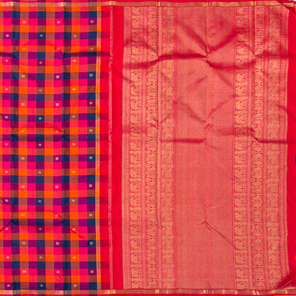 Multi Coloured Checks Kanchipuram Silk Saree For Festive Wear PV RM 493