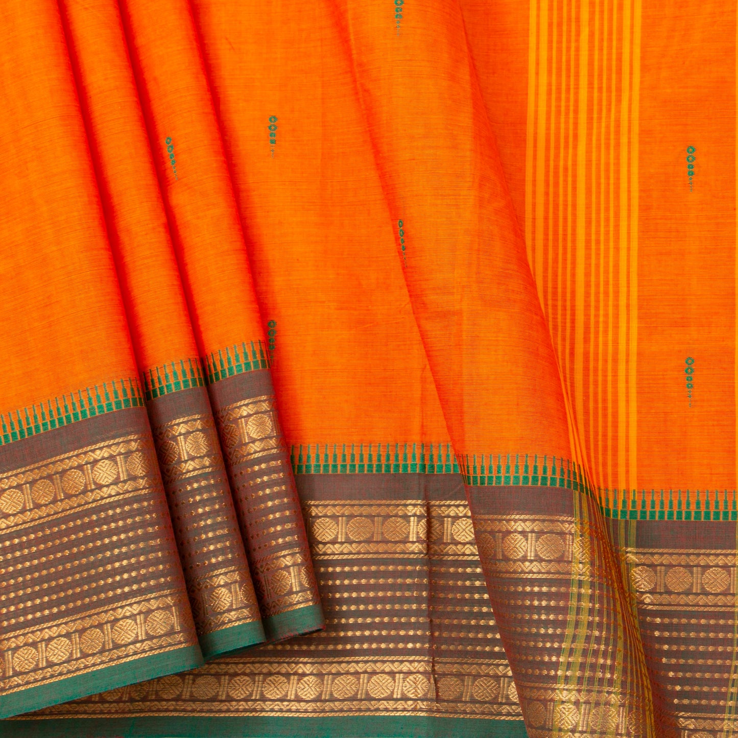 Orange And Green Kanchi Cotton Saree For Festive Wear PV MM KC 851 - Cotton Saree - Panjavarnam PV MM KC 851