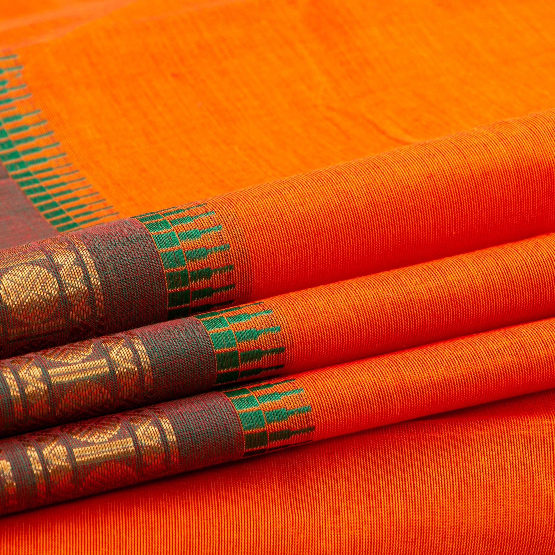 Orange And Green Kanchi Cotton Saree For Festive Wear PV MM KC 851 - Cotton Saree - Panjavarnam PV MM KC 851