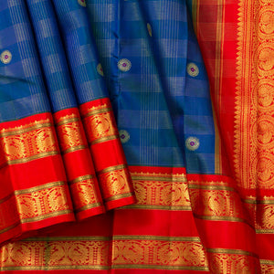 Mayilkazhuthu Blue And Red Dual Shade Kanchipuram Sillk Saree With Meenakari Buttas For Wedding Wear PV J 1172