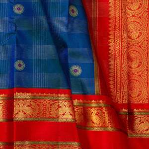 Mayilkazhuthu Blue And Red Dual Shade Kanchipuram Sillk Saree With Meenakari Buttas For Wedding Wear PV J 1172