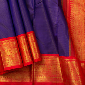 Blue And Red Kanchipuram Silk Saree Vaira Oosi For Wedding Wear PV J 332