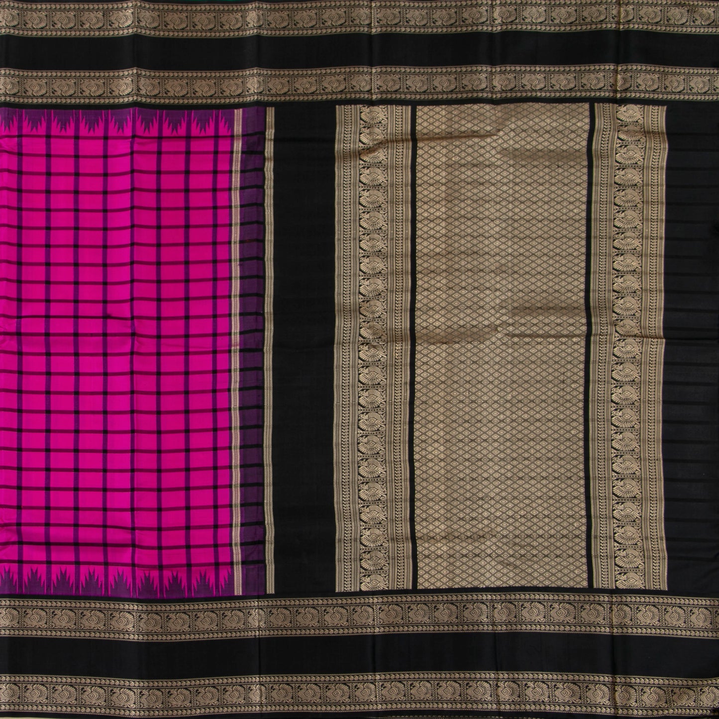 Pink And Black Kanchipuram Silk Saree With No Zari For Festive Wear PV RM NZ 482