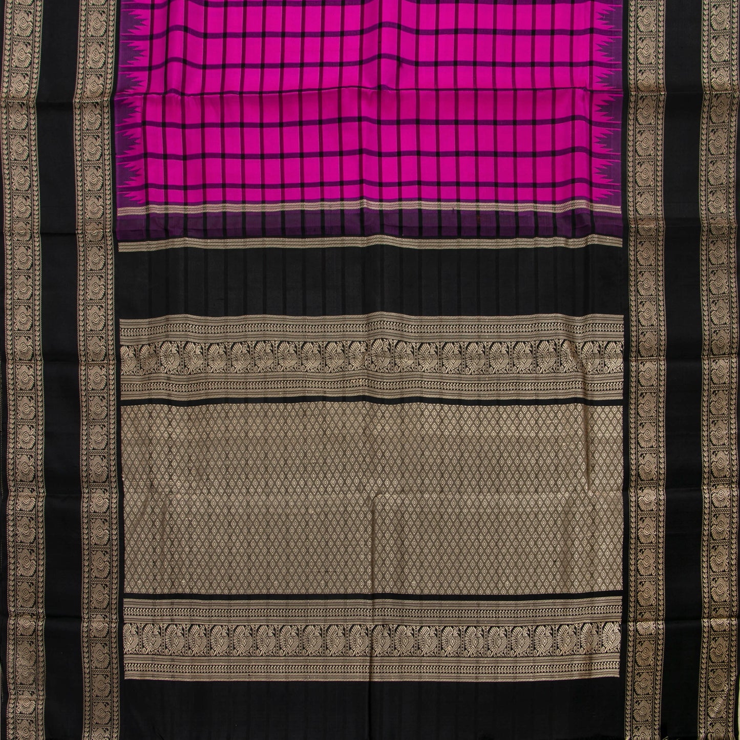 Pink And Black Kanchipuram Silk Saree With No Zari For Festive Wear PV RM NZ 482