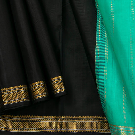 Black And Sea Green Kanchipuram Silk Saree For Festive Wear PV J 1790