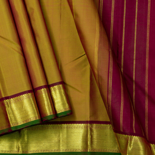 Mustard And Maroon Kanchipuram Silk Saree For Festive Wear PV J 933