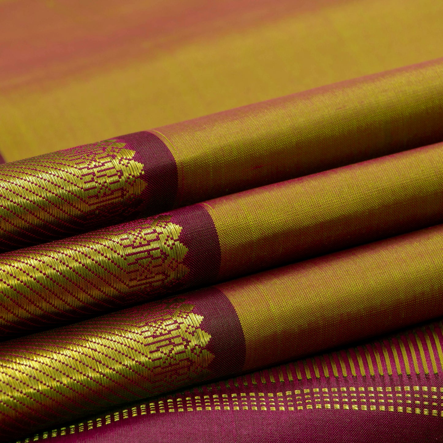Mustard And Maroon Kanchipuram Silk Saree For Festive Wear PV J 933