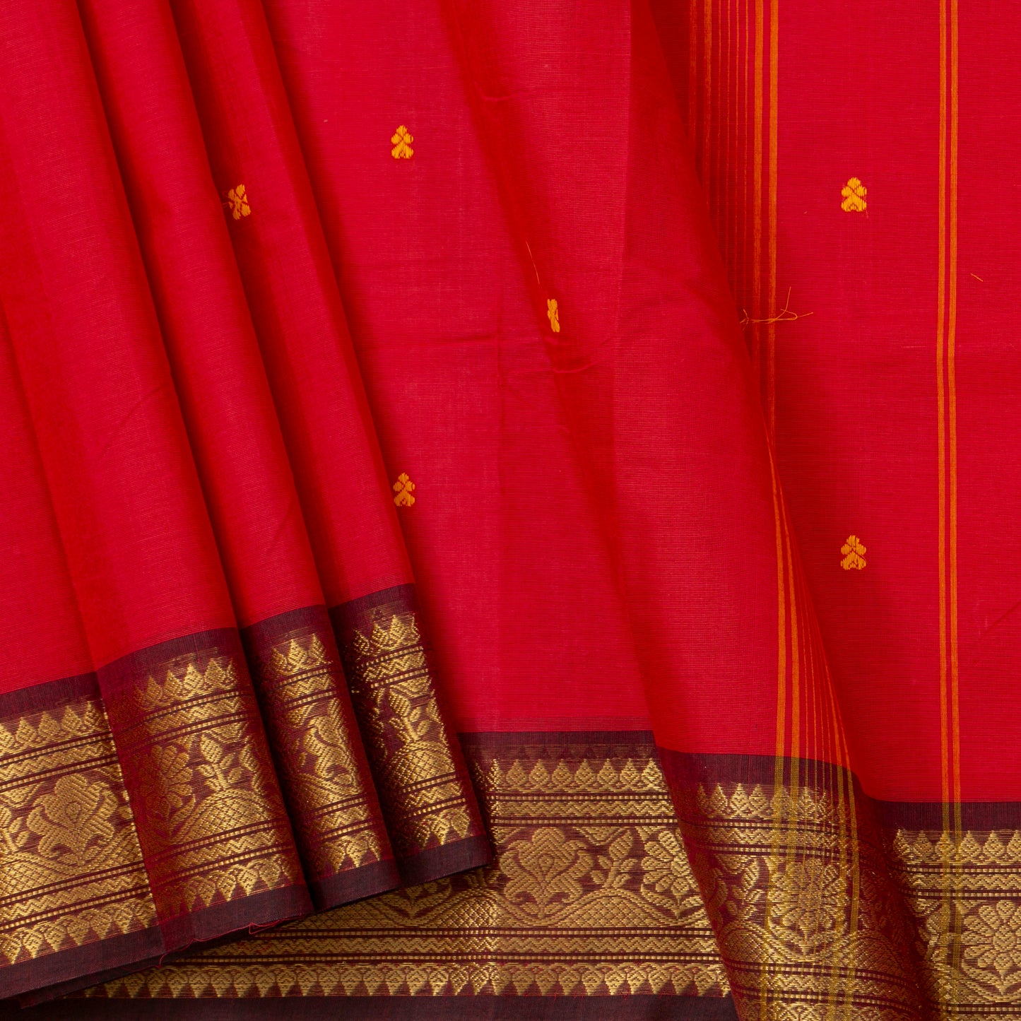 Red And Brown Kanchi Cotton Saree For Festive Wear PV MM KC 822 - Cotton Saree - Panjavarnam PV MM KC 822