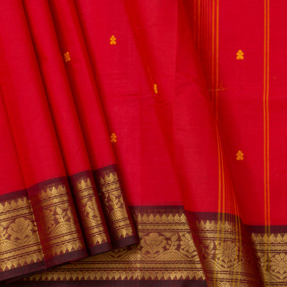 Red And Brown Kanchi Cotton Saree For Festive Wear PV MM KC 822 - Cotton Saree - Panjavarnam PV MM KC 822