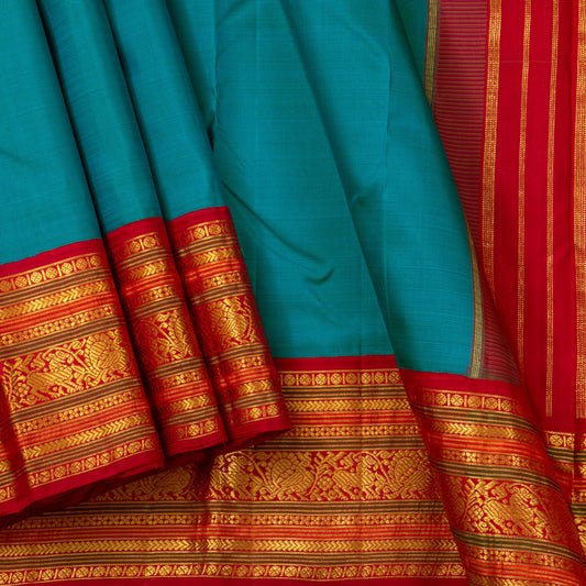 Blue And Red Kanchipuram Silk Saree For Festive Wear PV J 1067