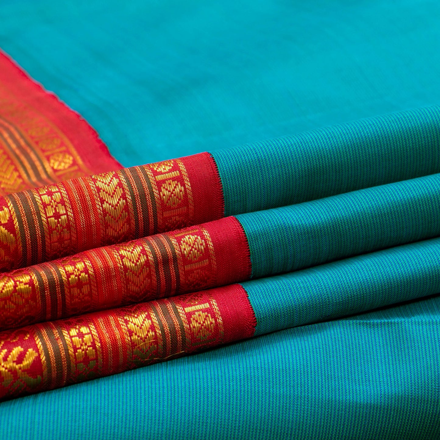 Blue And Red Kanchipuram Silk Saree For Festive Wear PV J 1067