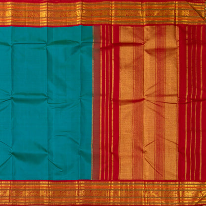 Blue And Red Kanchipuram Silk Saree For Festive Wear PV J 1067