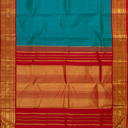 Blue And Red Kanchipuram Silk Saree For Festive Wear PV J 1067