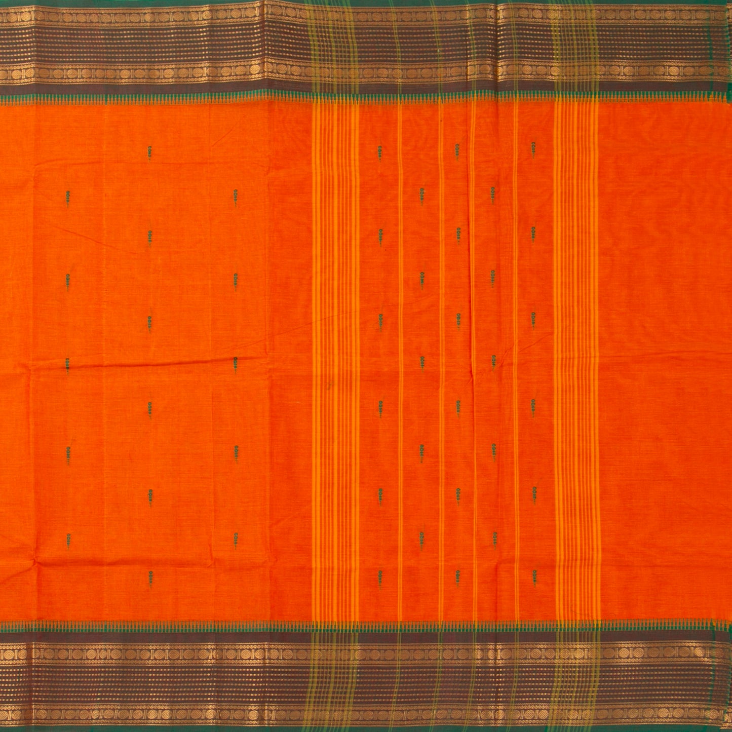 Orange And Green Kanchi Cotton Saree For Festive Wear PV MM KC 851 - Cotton Saree - Panjavarnam PV MM KC 851