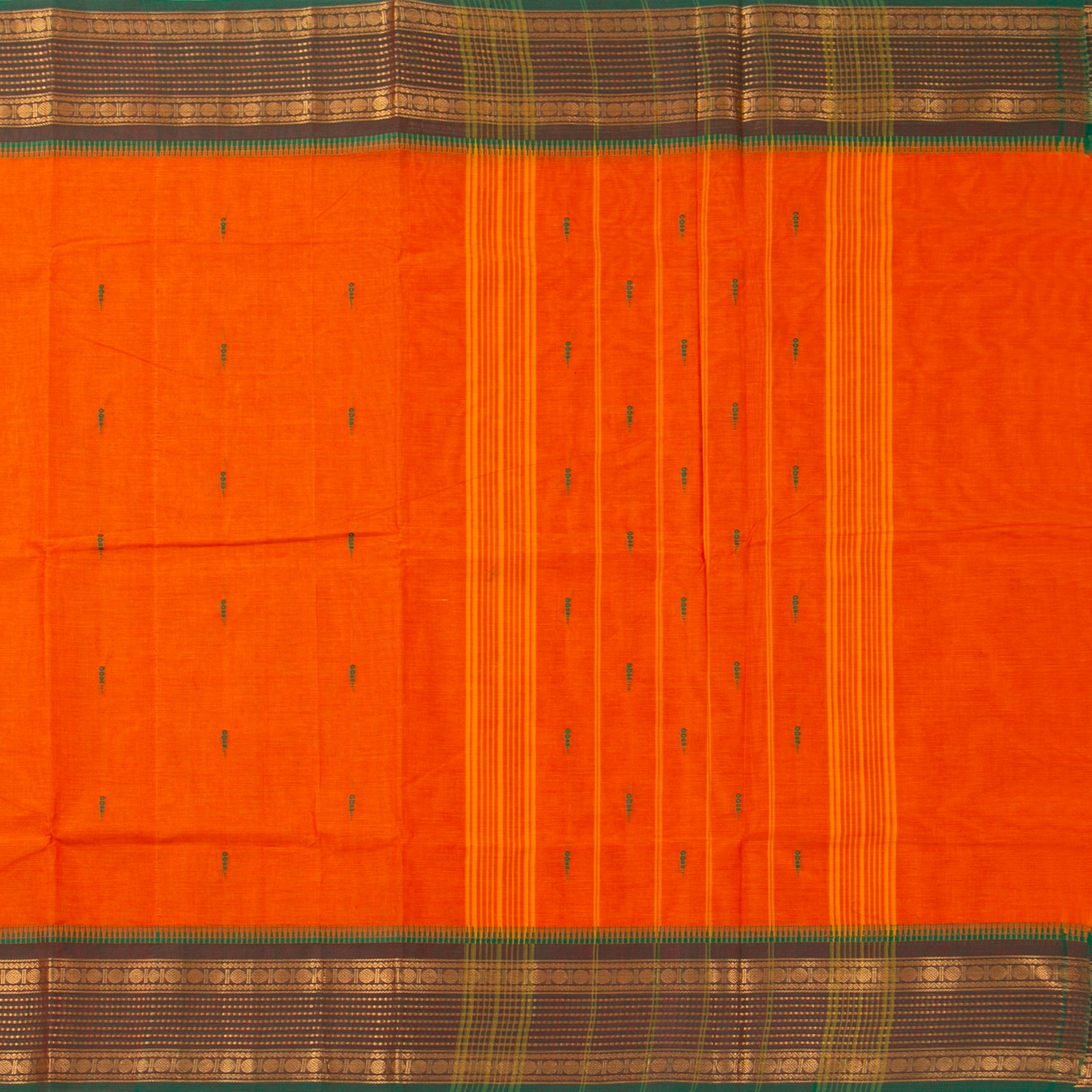 Orange And Green Kanchi Cotton Saree For Festive Wear PV MM KC 851 - Cotton Saree - Panjavarnam PV MM KC 851