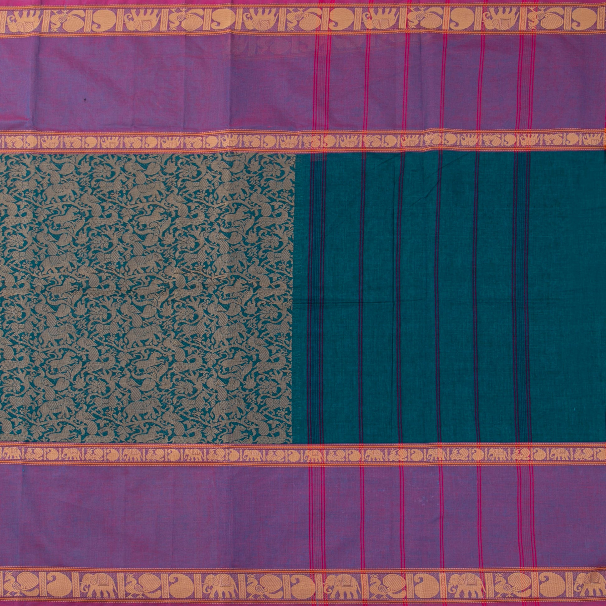 Teal And Lavender Kanchi Cotton Saree Vanasingaram For Festive Wear PV MM KC 961 - Cotton Saree - Panjavarnam PV MM KC 961