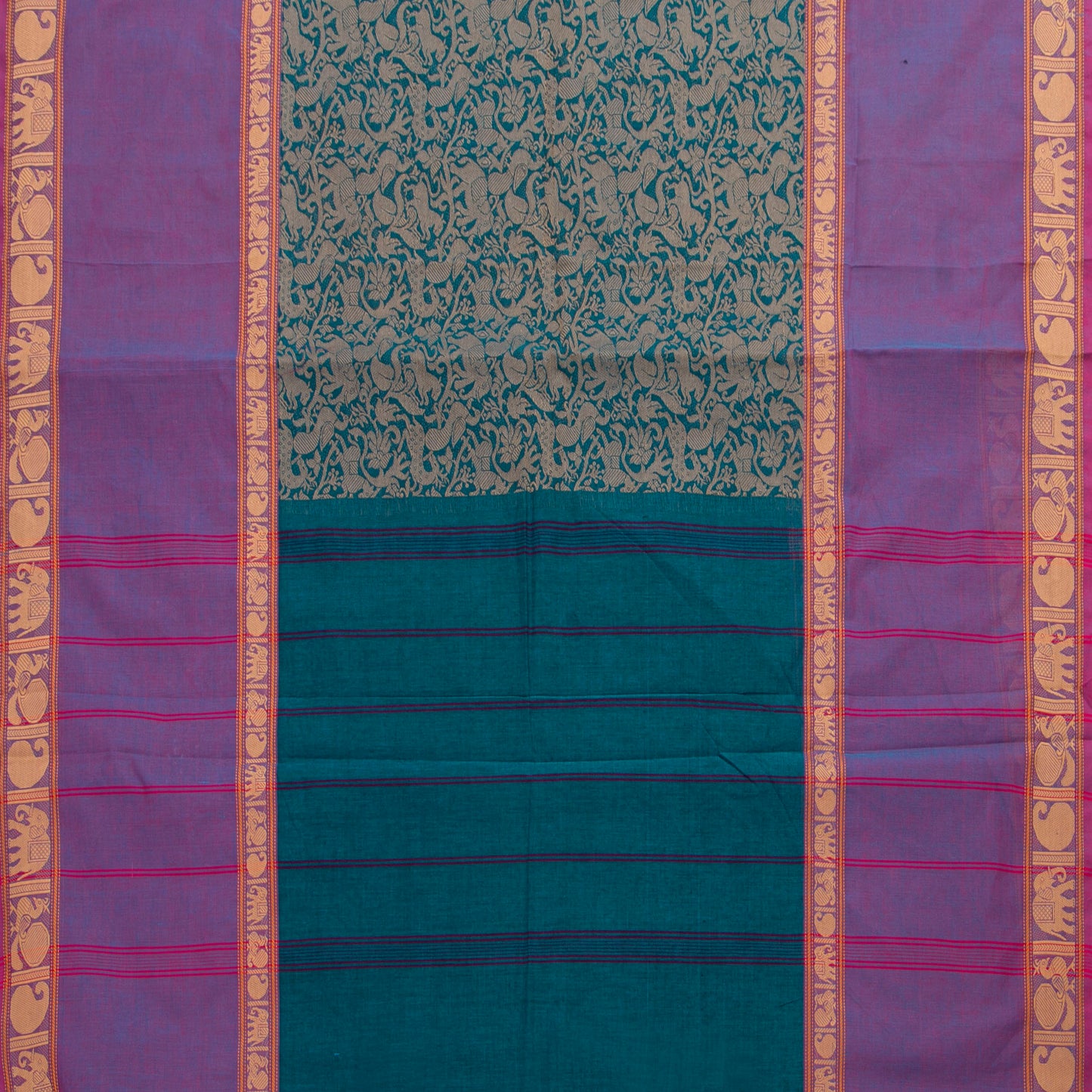 Teal And Lavender Kanchi Cotton Saree Vanasingaram For Festive Wear PV MM KC 961 - Cotton Saree - Panjavarnam PV MM KC 961