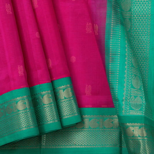Magenta And Turquoise Green Kanchi Silk Cotton Saree With Annam Chakram Motifs For Festive Wear VP SC 160