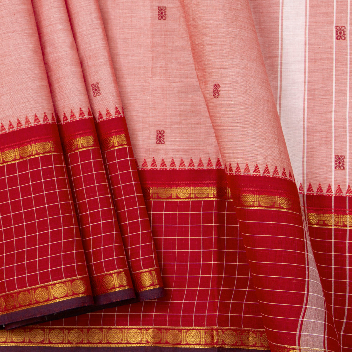 Peach And Red Kanchi Cotton Saree For Festive Wear PV MM KC 949