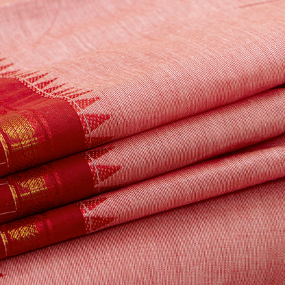 Peach And Red Kanchi Cotton Saree For Festive Wear PV MM KC 949